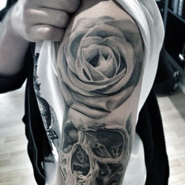 Guys Awesome Skull And Rose Upper Arm Tattoos
