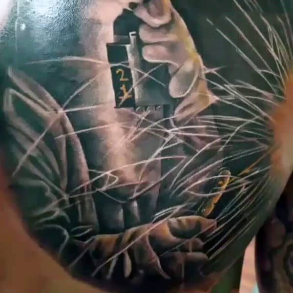 Guys Awesome Welding Chest Tattoo With Flying Sparks