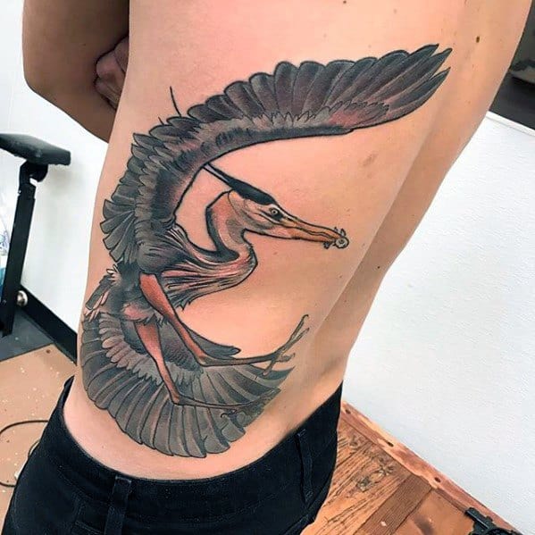 Guys Back And Rib Cage Side Giant Heron Tattoo Design Idea Inspiration
