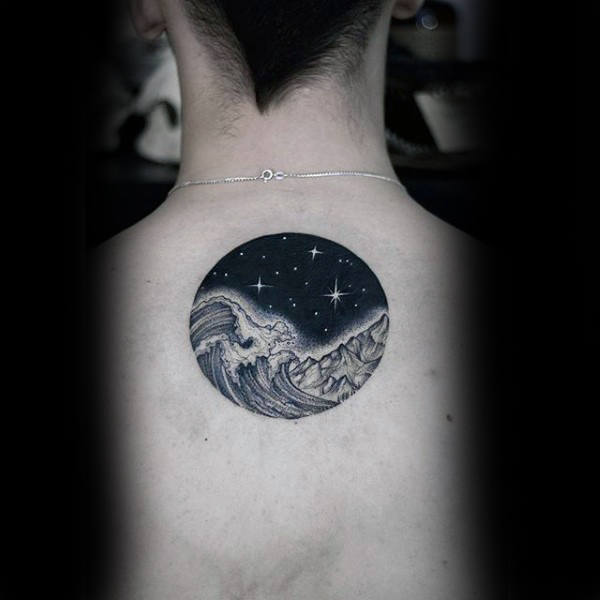 Guys Back Night Sky And Wave Dotwork Tattoo