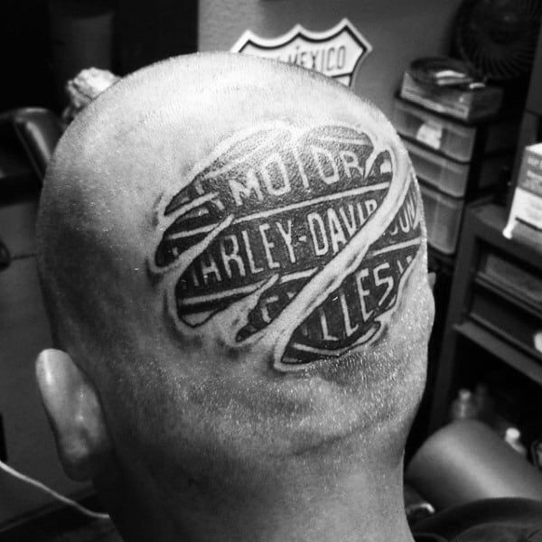 Guys Back Of Head Torn Skin Harley Davidson Tattoo Design Inspiration