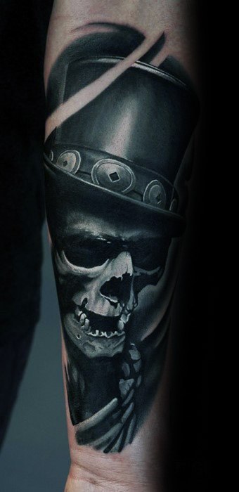 Guys Badass Forearm Skull With Hat Tattoo Designs