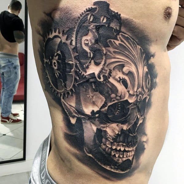 Guys Badass Rib Cage Side Of Body Skull Tattoos