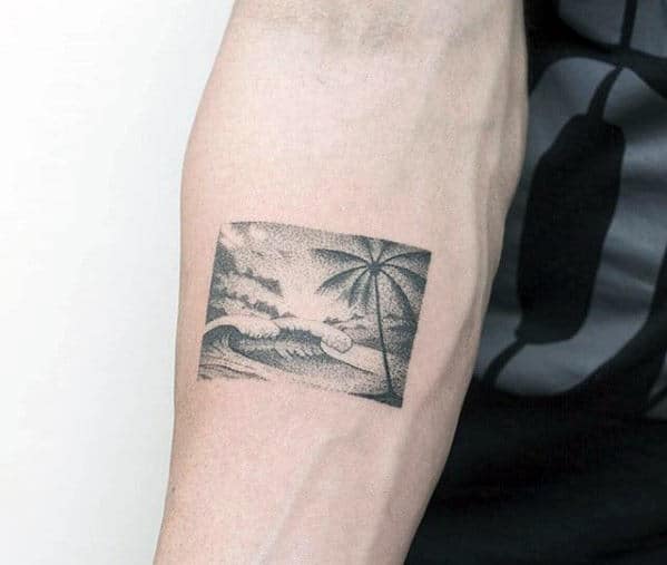 Guys Badass Small Beach Landscape Square Detailed Inner Forearm Tattoo
