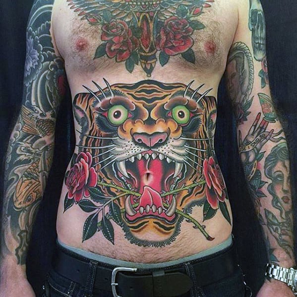 Guys Badass Traditional Tiger With Rose Flowers Chest Tattoo