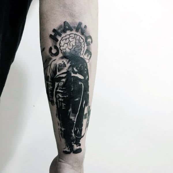 Guys Banksy Change Brain Outer Forearm Tattoos