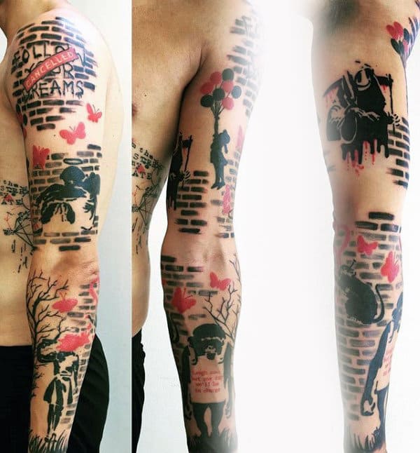 Guys Banksy Themed Full Arm Tattoo Design Ideas