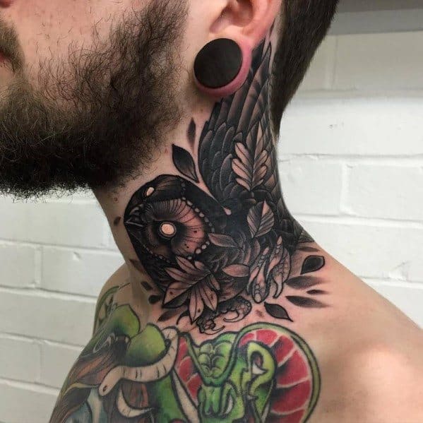 Guys Barn Owl Neck Tattoo Design Ideas