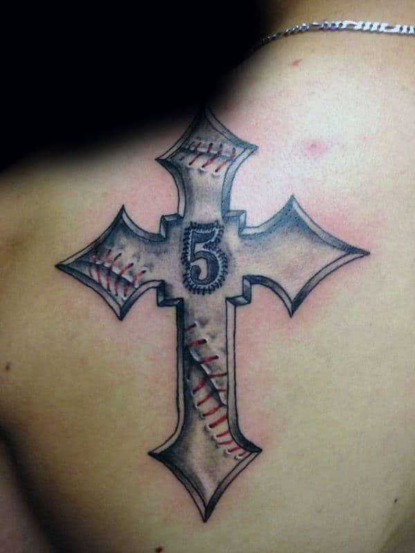 Guys Baseball Cross With Number Tattoo On Back