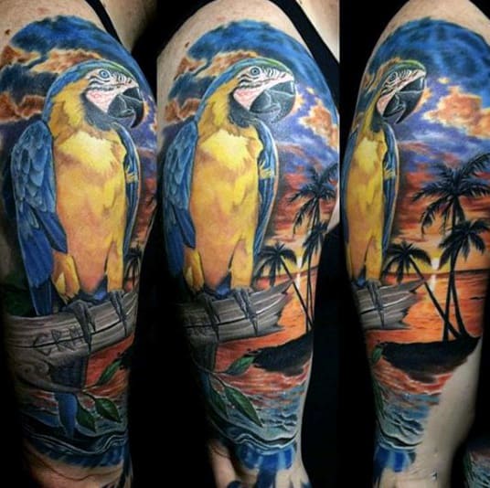 Guys Beach Tattoo Of Palm Tree And Parrot Half Sleeve