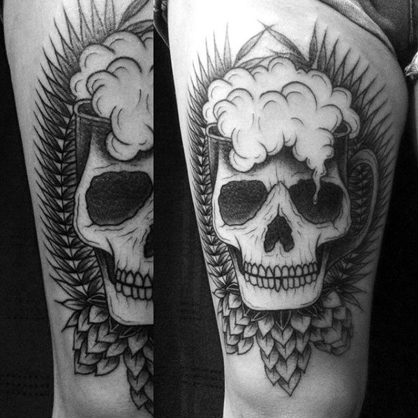 Guys Beer Skull Thigh Tattoo Design Ideas
