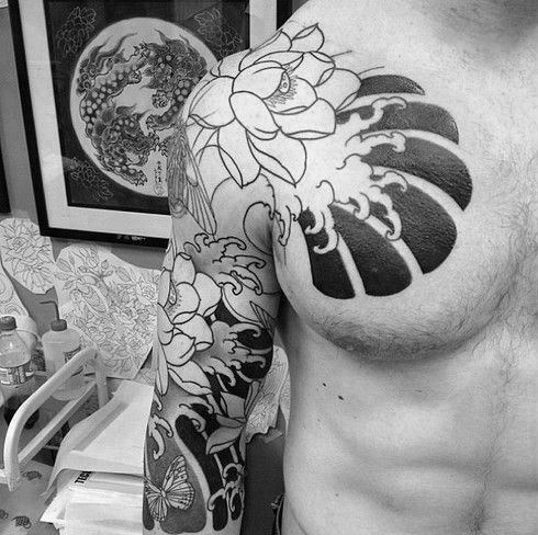 Guys Black And Grey Half Sleeve Japanese Flower With Water Tattoo Designs