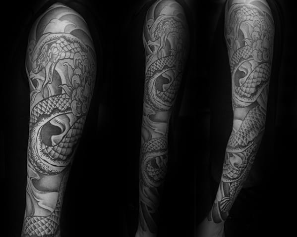 Guys Black And Grey Sleeve Japanese Snake Tattoo