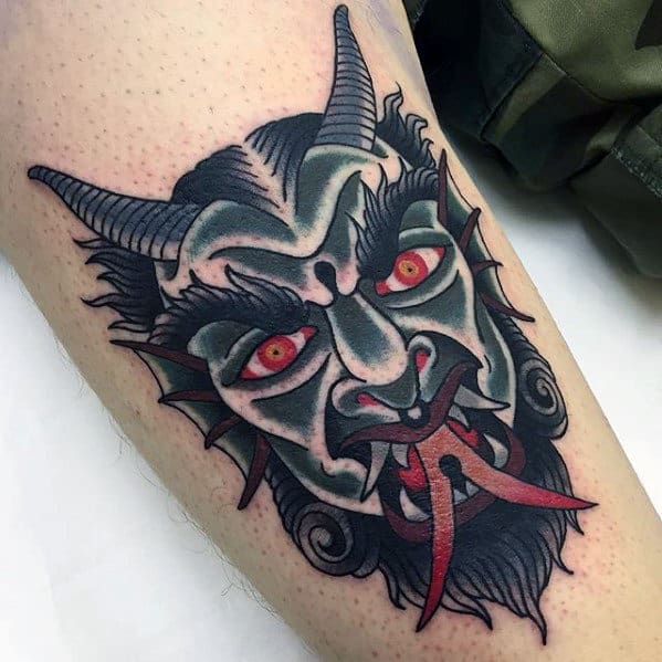 Guys Black And Red Traditional Devil Arm Tattoos
