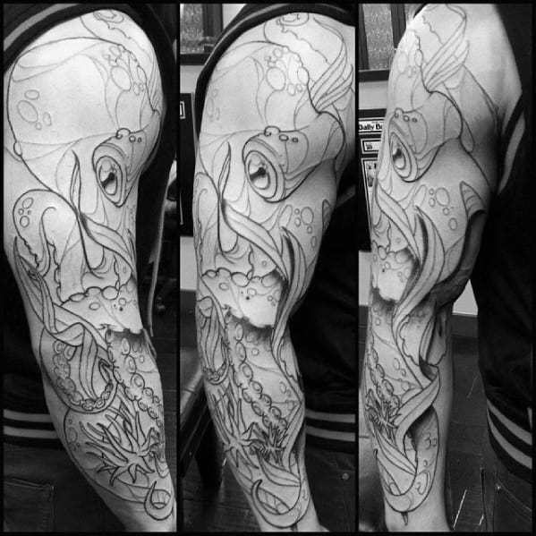 Guys Black Ink Outline Full Arm Octopus Tattoo Sleeve Ideas