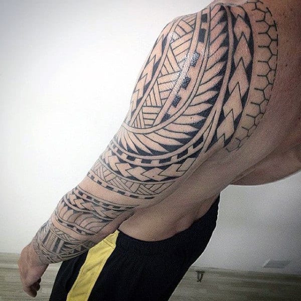 Guys Black Ink Outline Pattern Samoan Full Arm And Shoulder Tribal Tattoos