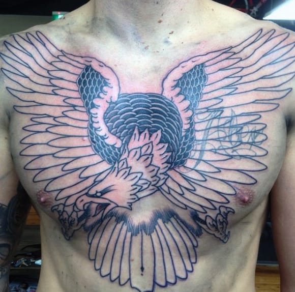 Guys Black Ink Outline Tattoo Of Eagle On Chest