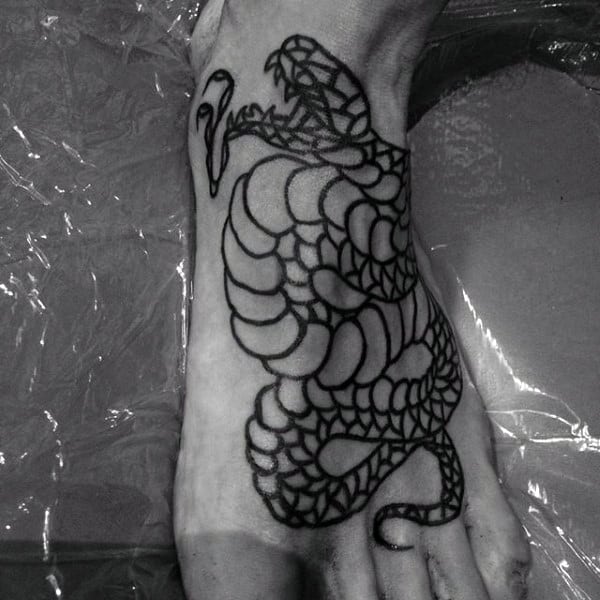 Guys Black Ink Outline Traditional Snake Foot Tattoos