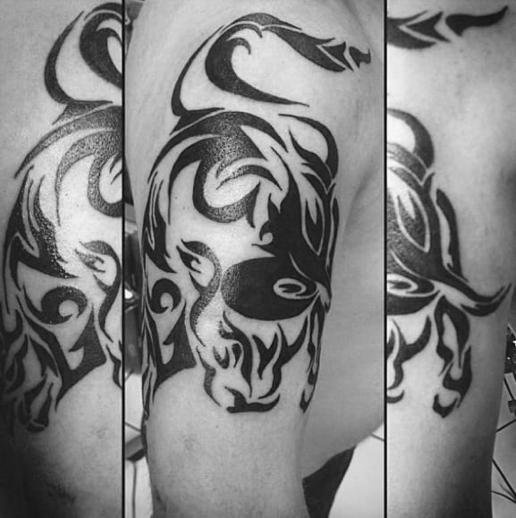Guys Black Ink Tribal Bull Arm Tattoos