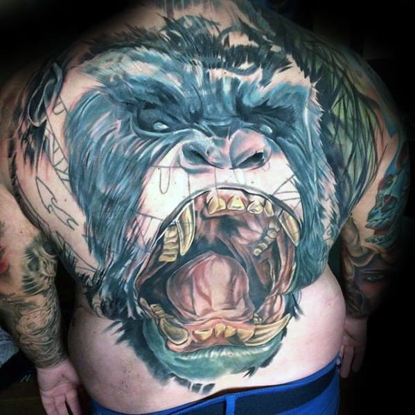 Guys Blast Over Roaring Gorilla Back Tattoo Deisgns