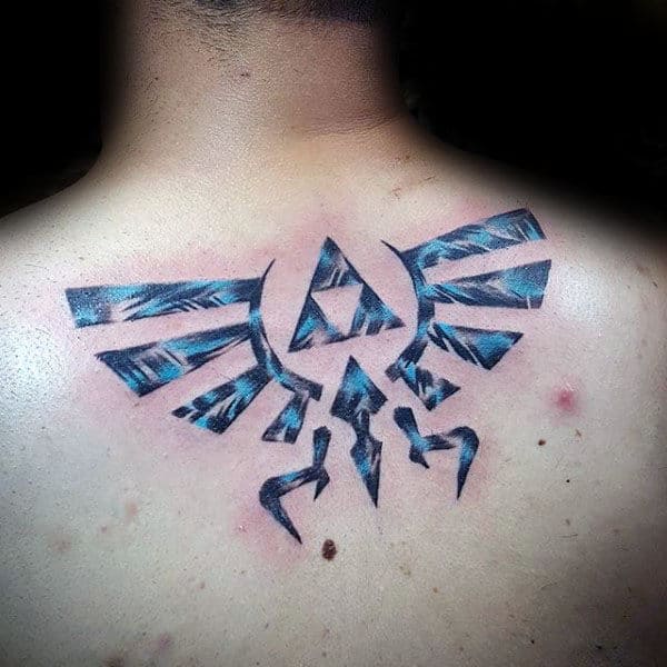 Guys Blue Ink Legend Of Zelda Triforce Upper Back Tattoos