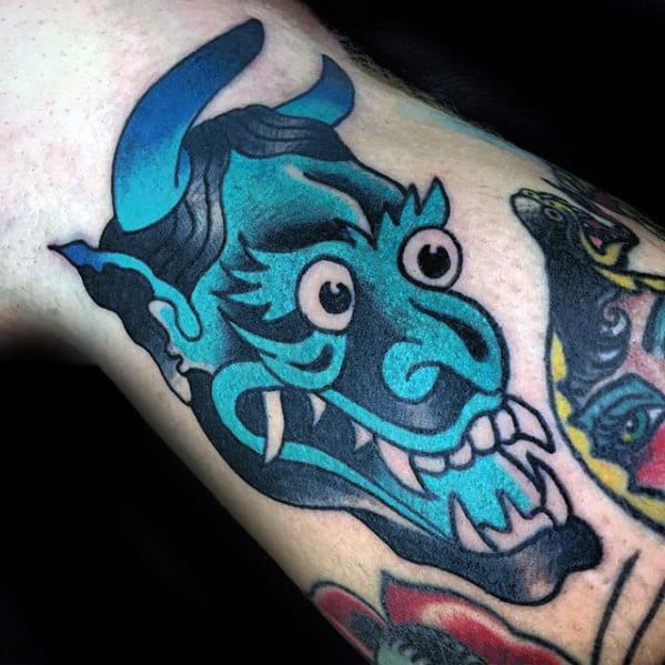 Guys Blue Traditional Devil Arm Tattoo
