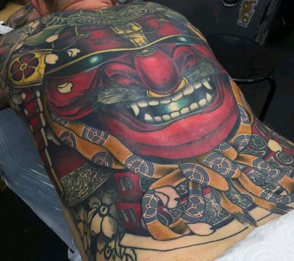 Guys Bold Red Faced Samurai Mask Tattoo For Back