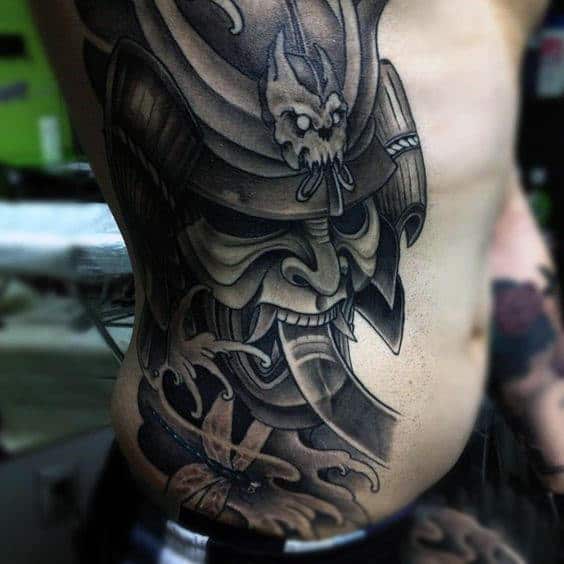 Guys Bold Shaded Side Tattoo Of Samurai Mask With Skull And Dragonfly