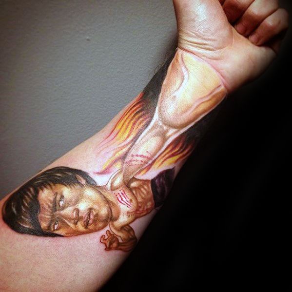 Guys Bruce Lee 3d Inner Forearm Tattoos.