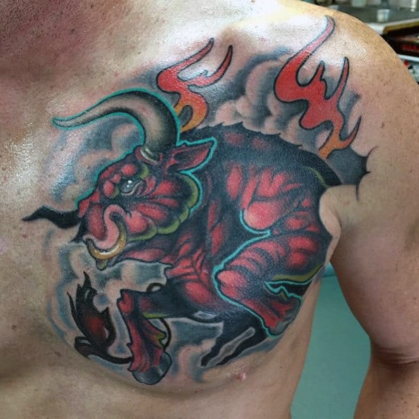 Guy's Bull Tattoo Ideas On Chest