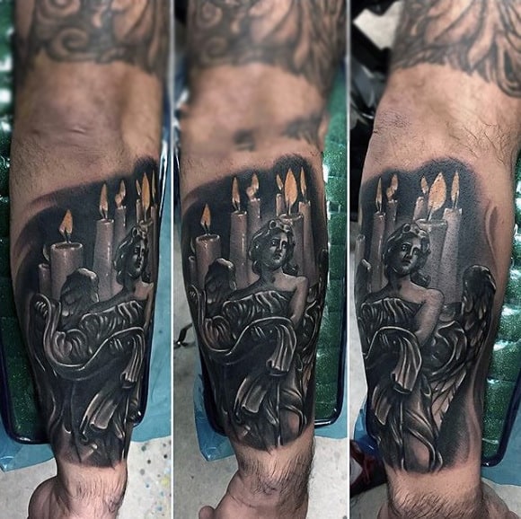 Guys Calves Lighted Candle And Guardian Angel Tattoo