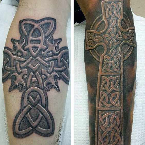 Guys Celtic Cross Tribal Tattoos On Leg Calf