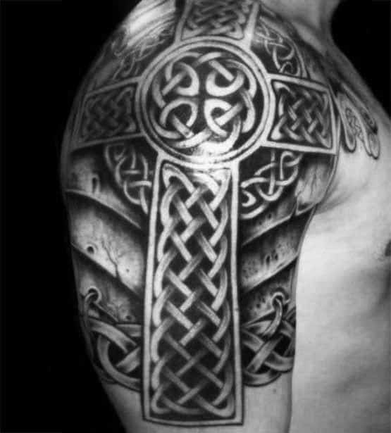 Guys Celtic Knot Cross Tattoo Half Sleeve Design Inspiration