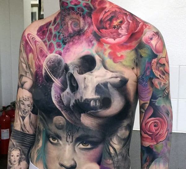 Guys Chest Colorful Skull Tattoo Ideas