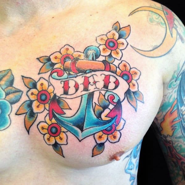 Guys Chest Florals And Anchor Dad Tattoo