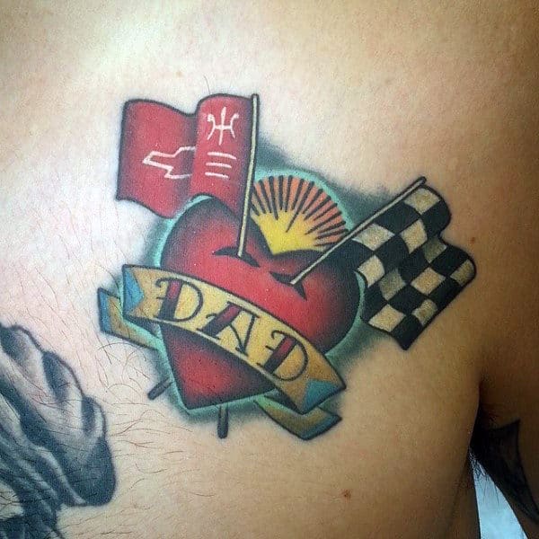 Guys Chest Heart And Flags Dad Tattoo