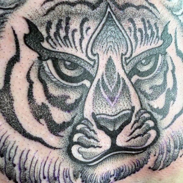 Guys Chest Royal Tiger Dotwork Tattoo