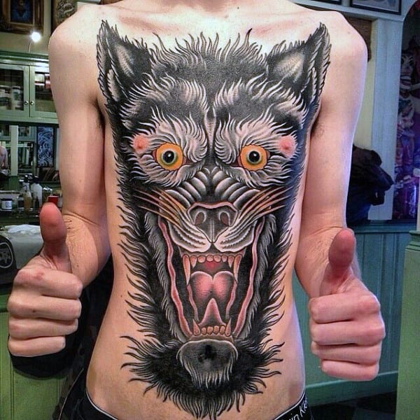Guys Chest Wolf Traditional Tattoo