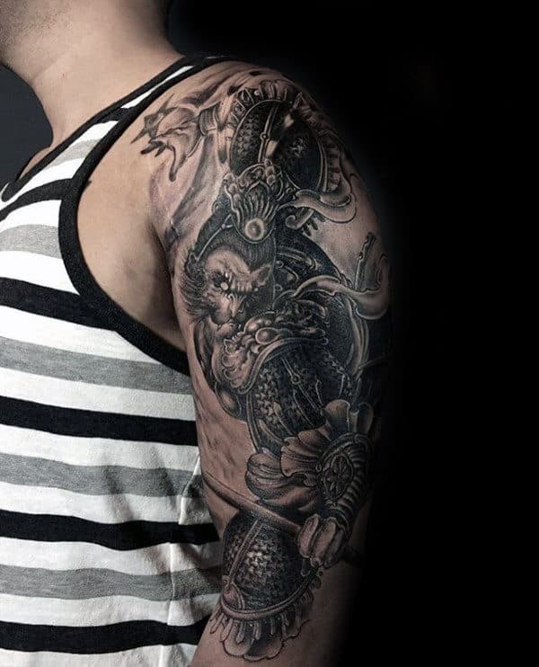Guys Chinese Monkey King Tattoo Half Sleeve Design