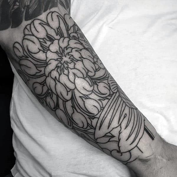 Guys Chrysanthemum Ink Outline Black Tattoo On Forearm