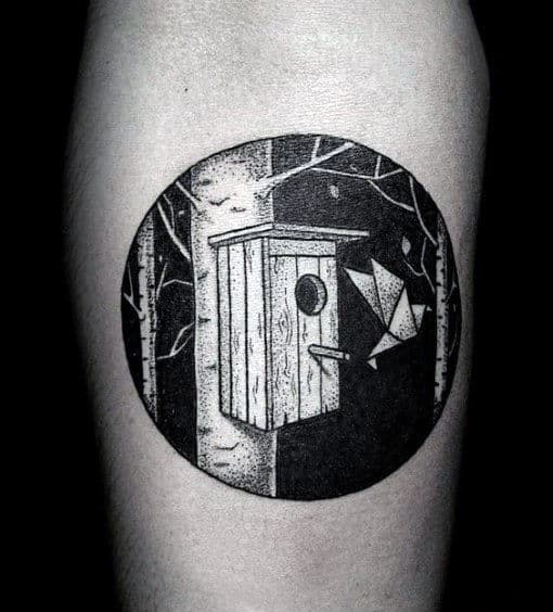 Guys Circle Negative Space Origami Bird Flying From Birdhouse Mens Tattoo