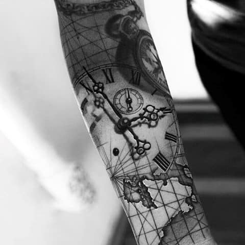 Guy's Clock Sleeve Tattoo