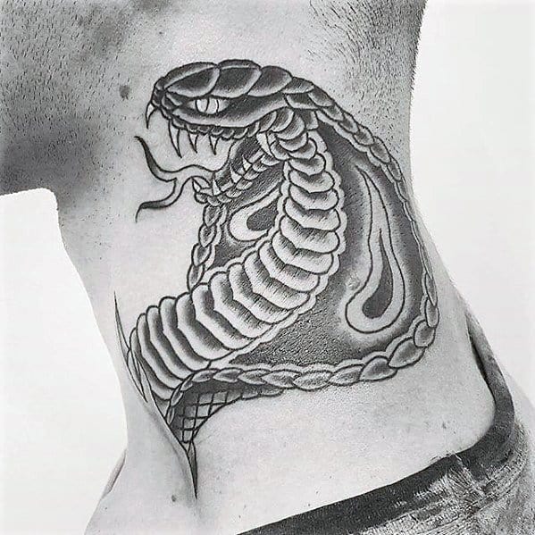 Guys Cobra Snake Small Black And Grey Shaded Neck Tattoo