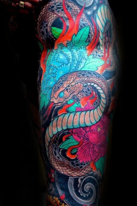 Guys Colorful Arm Japanese Snake Tattoo Deisgns