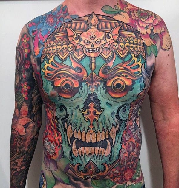Guys Colorful Chest Tattoo Ideas Tibetan Skull Designs