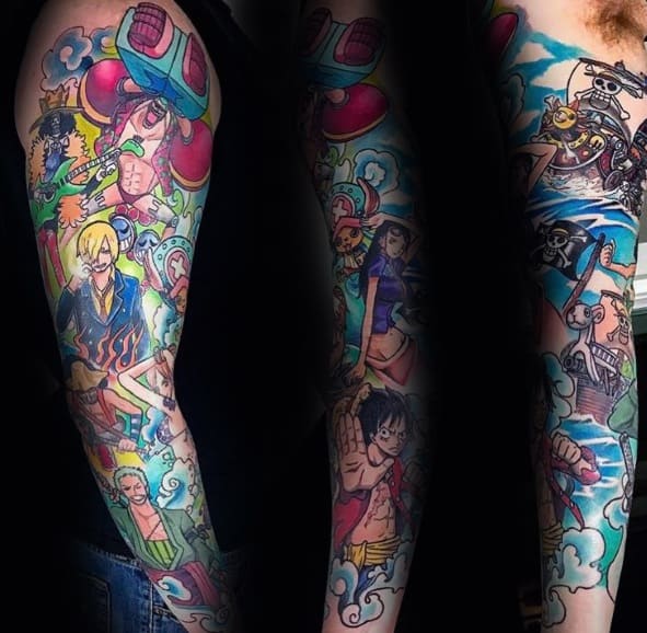 Guys Colorful Full Arm Sleeve One Piece Tattoo Design Idea Inspiration