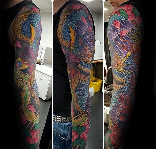 guys-colorful-japanese-phoenix-sleeve-tattoo