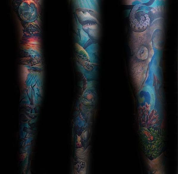 Guys Colorful Ocean Full Sleeve Tattoo Ideas