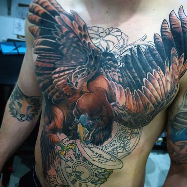 Guys Colorful Red Hawk And Pocket Watch Full Chest And Stomach Tattoo