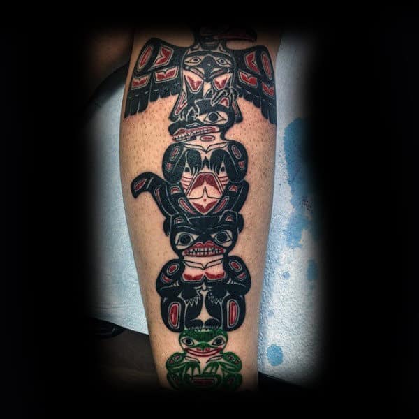 Guys Colorful Totem Pole Half Sleeve Tattoo
